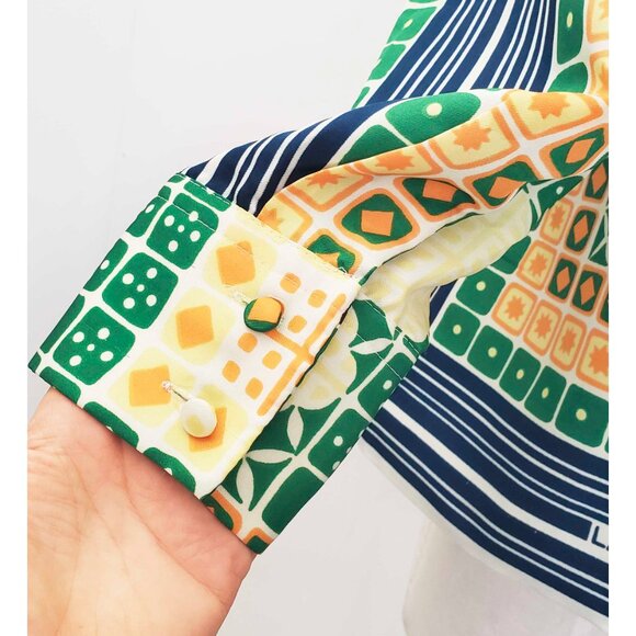 LANVIN Paris Women's Vintage 70s Logo Geo Printed Blouse Shirt - Picture 4 of 14